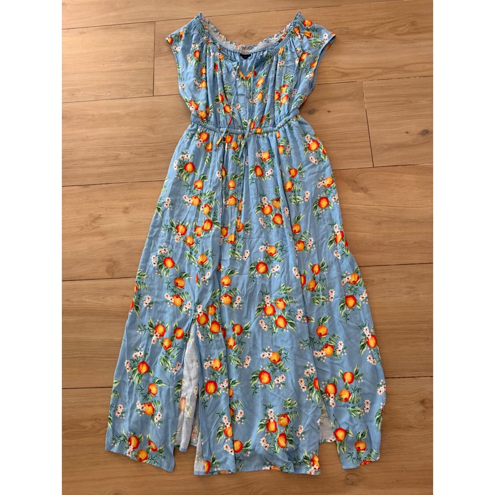 Torrid Women Blue Orange Floralโ Fruit Print Maxi Dress Front Slits Size 0 L XL